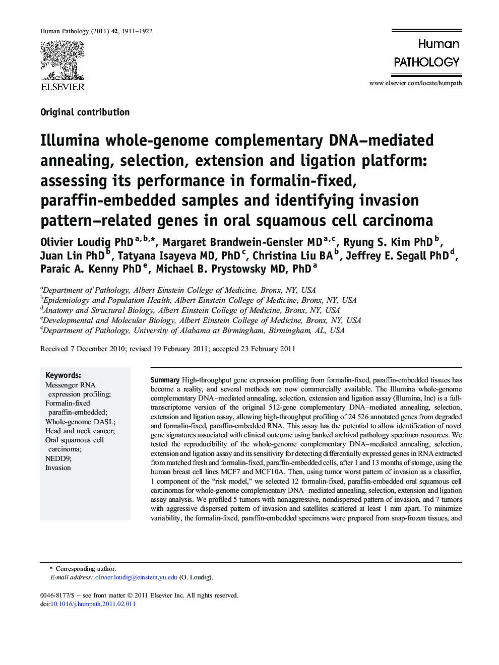 Illumina whole-genome complementary DNA–mediated annealing, selection, extension and ligation platform: assessing its performance in formalin-fixed, paraffin-embedded samples and identifying invasion pattern–related genes in oral squamous cell carcinoma