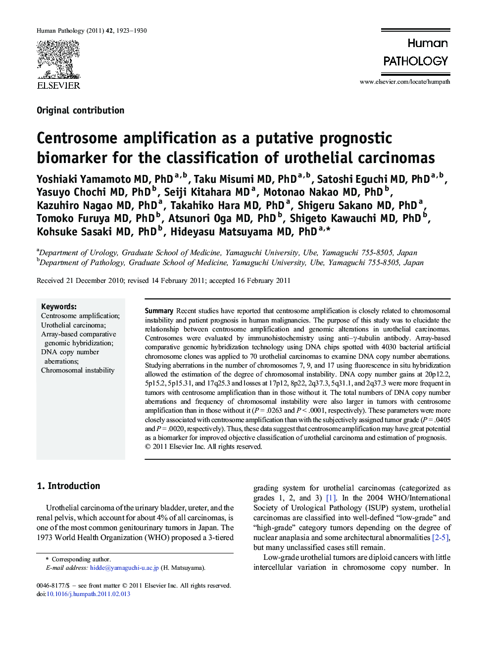 Centrosome amplification as a putative prognostic biomarker for the classification of urothelial carcinomas