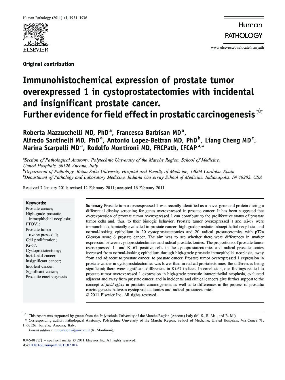 Immunohistochemical expression of prostate tumor overexpressed 1 in cystoprostatectomies with incidental and insignificant prostate cancer. : Further evidence for field effect in prostatic carcinogenesis