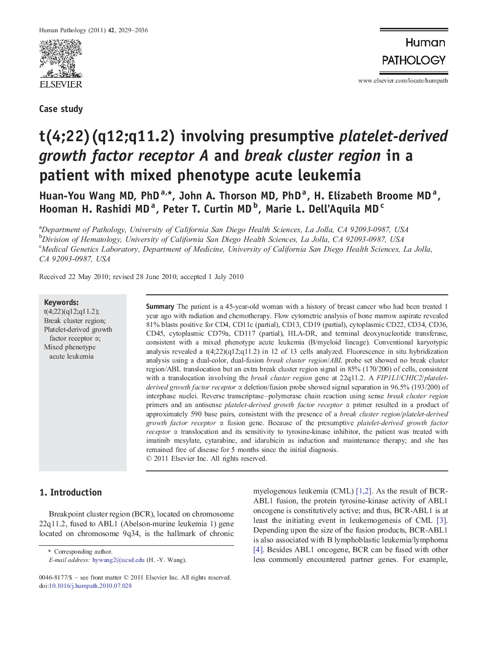 t(4;22)(q12;q11.2) involving presumptive platelet-derived growth factor receptor A and break cluster region in a patient with mixed phenotype acute leukemia