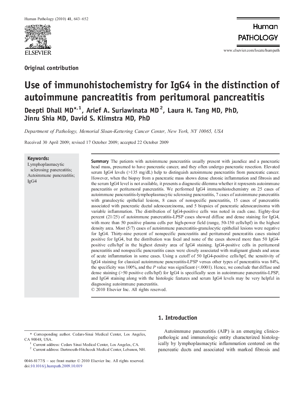 Use of immunohistochemistry for IgG4 in the distinction of autoimmune pancreatitis from peritumoral pancreatitis