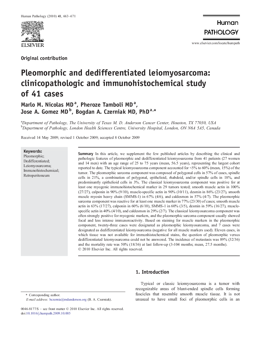 Pleomorphic and dedifferentiated leiomyosarcoma: clinicopathologic and immunohistochemical study of 41 cases