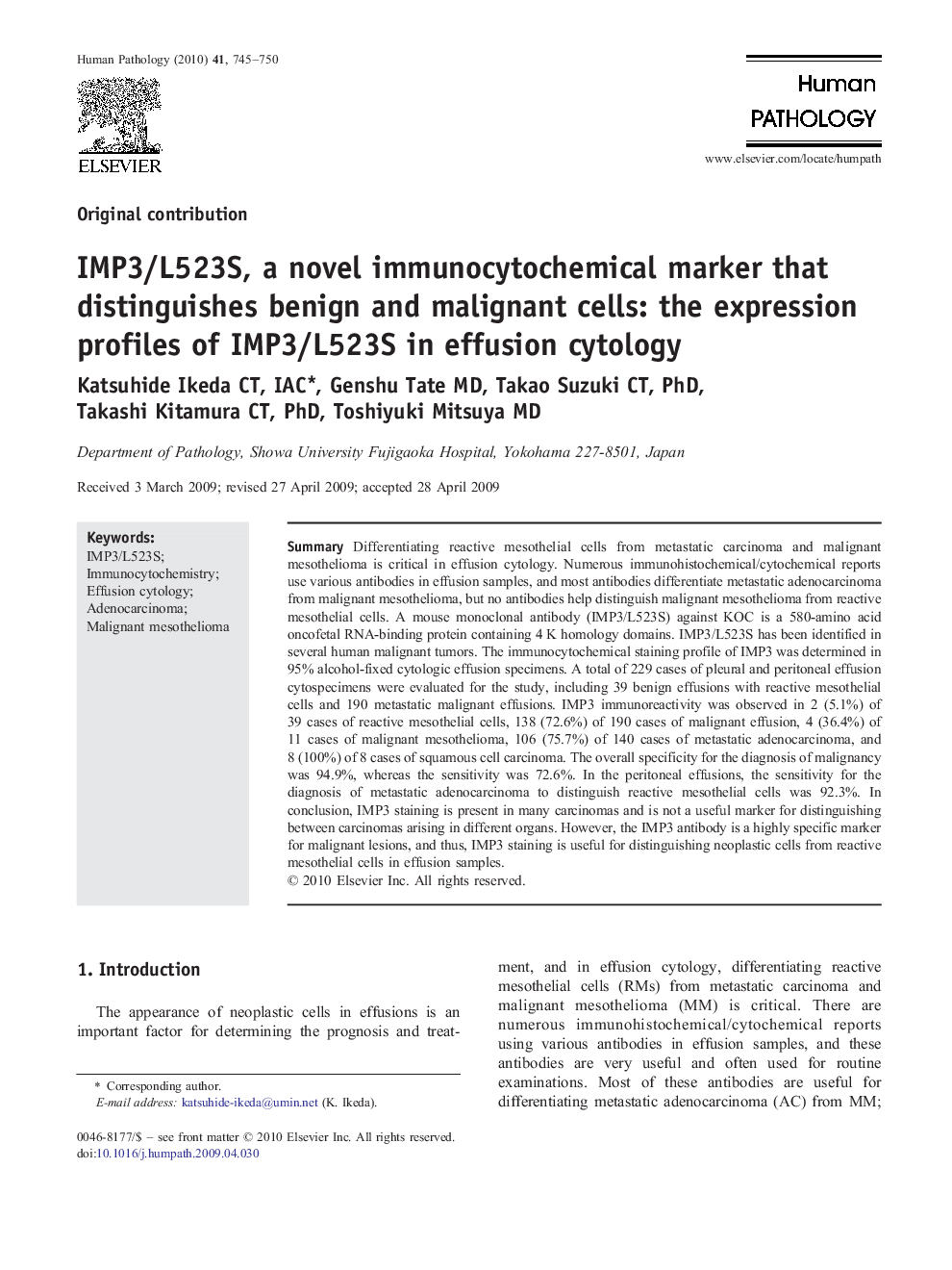 IMP3/L523S, a novel immunocytochemical marker that distinguishes benign and malignant cells: the expression profiles of IMP3/L523S in effusion cytology