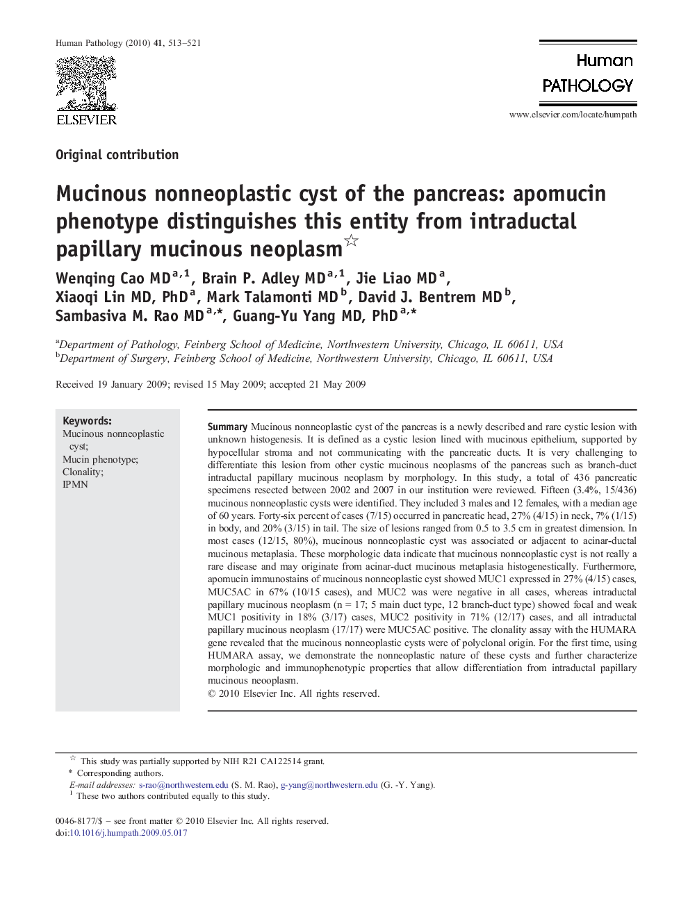 Mucinous nonneoplastic cyst of the pancreas: apomucin phenotype distinguishes this entity from intraductal papillary mucinous neoplasm 