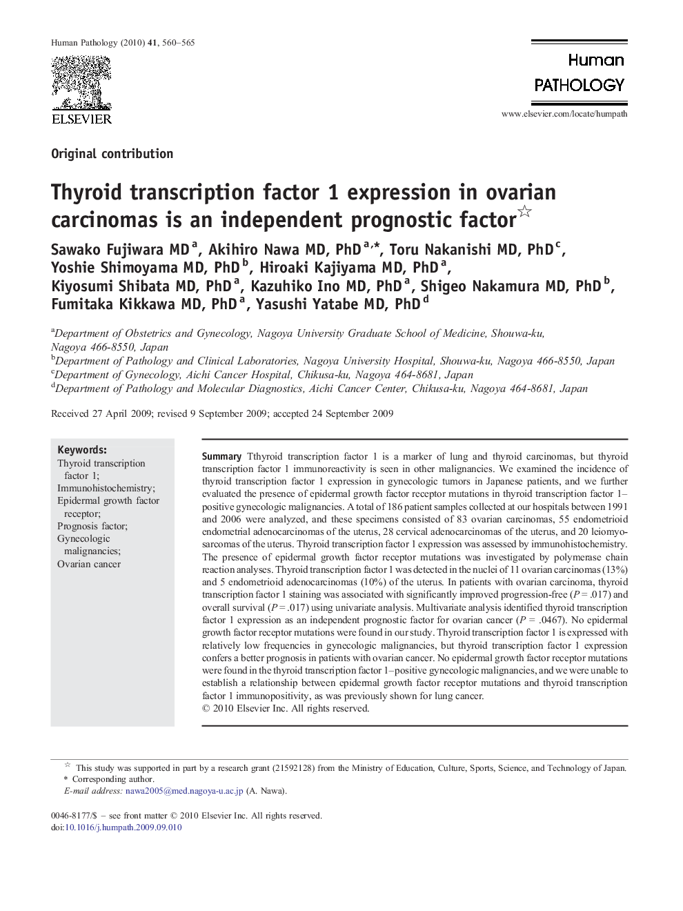 Thyroid transcription factor 1 expression in ovarian carcinomas is an independent prognostic factor 