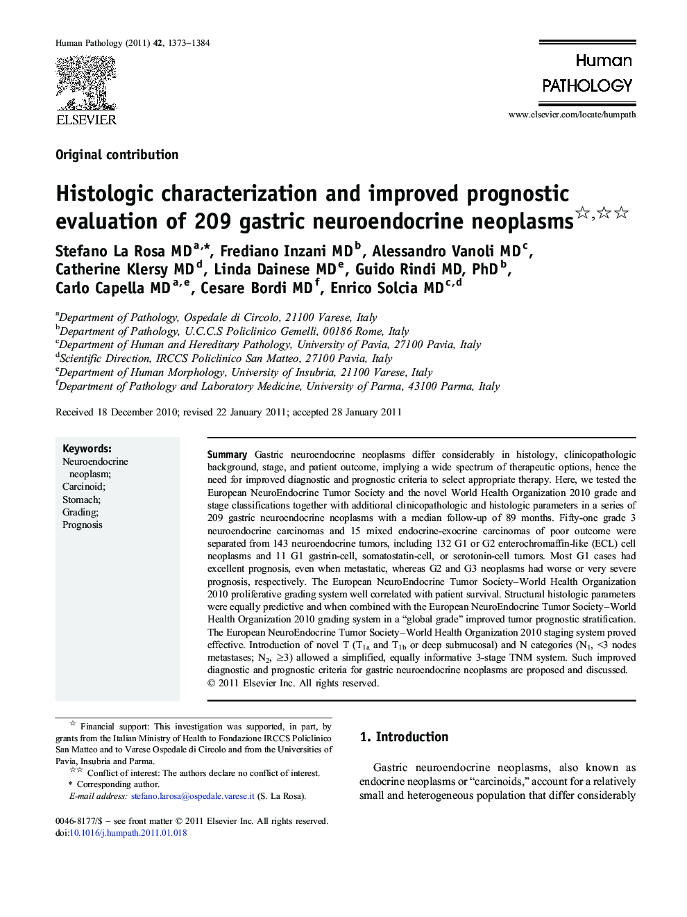 Histologic characterization and improved prognostic evaluation of 209 gastric neuroendocrine neoplasms 