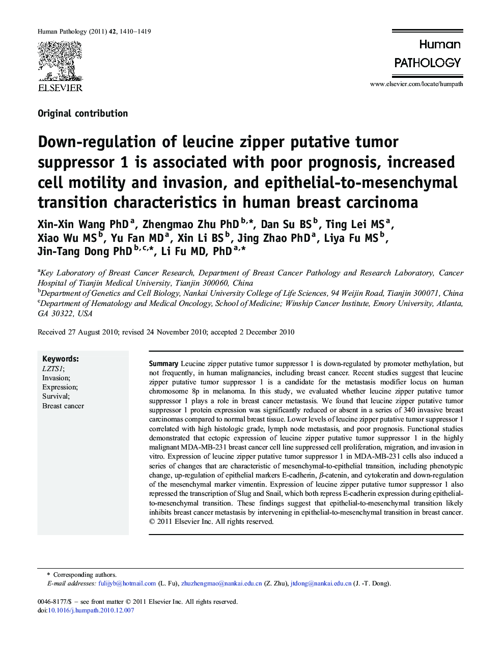 Down-regulation of leucine zipper putative tumor suppressor 1 is associated with poor prognosis, increased cell motility and invasion, and epithelial-to-mesenchymal transition characteristics in human breast carcinoma