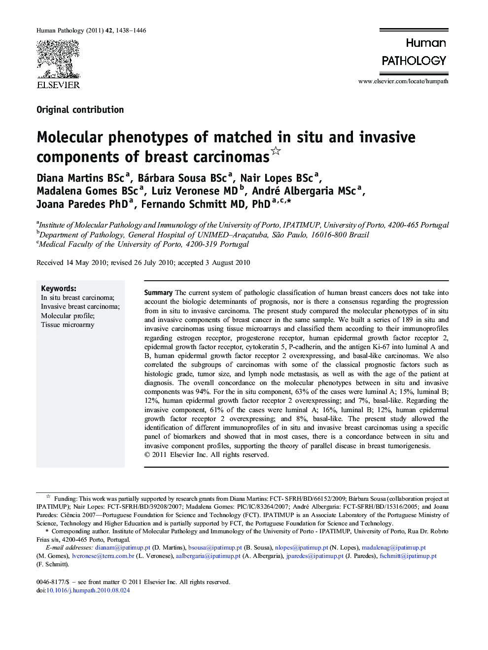 Molecular phenotypes of matched in situ and invasive components of breast carcinomas 