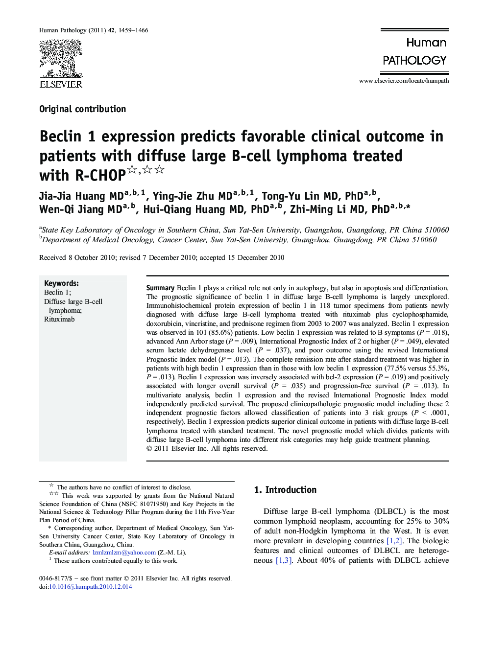 Beclin 1 expression predicts favorable clinical outcome in patients with diffuse large B-cell lymphoma treated with R-CHOP 