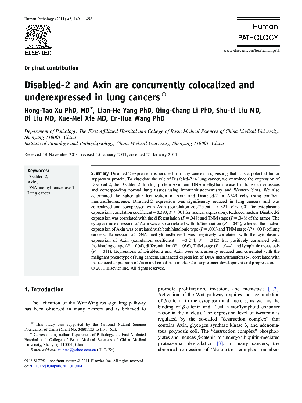 Disabled-2 and Axin are concurrently colocalized and underexpressed in lung cancers 