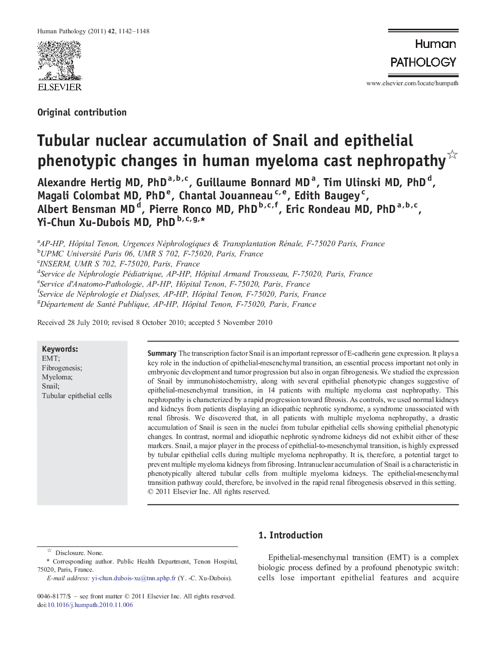 Tubular nuclear accumulation of Snail and epithelial phenotypic changes in human myeloma cast nephropathy 