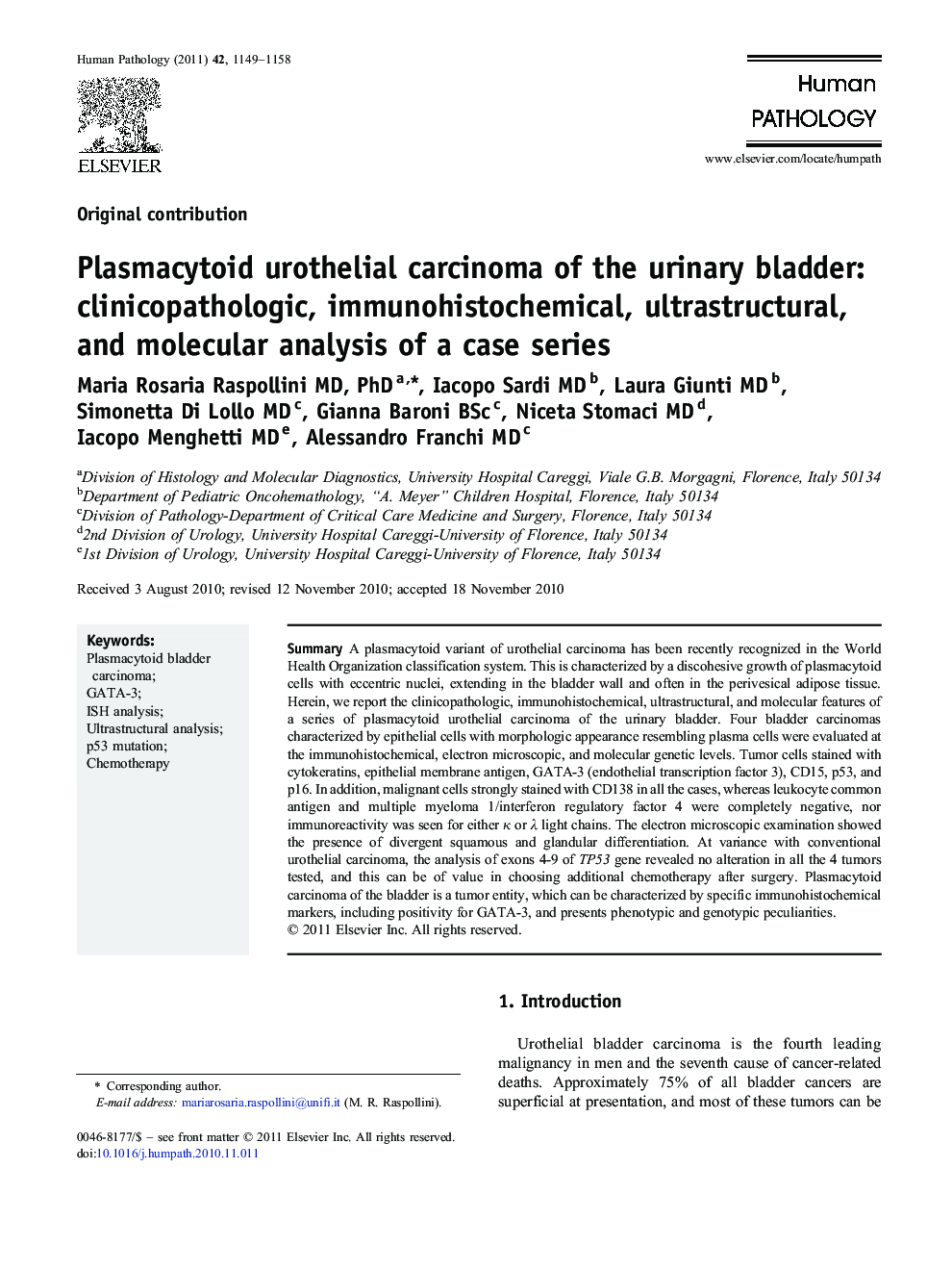 Plasmacytoid urothelial carcinoma of the urinary bladder: clinicopathologic, immunohistochemical, ultrastructural, and molecular analysis of a case series