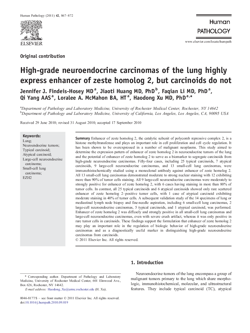 High-grade neuroendocrine carcinomas of the lung highly express enhancer of zeste homolog 2, but carcinoids do not