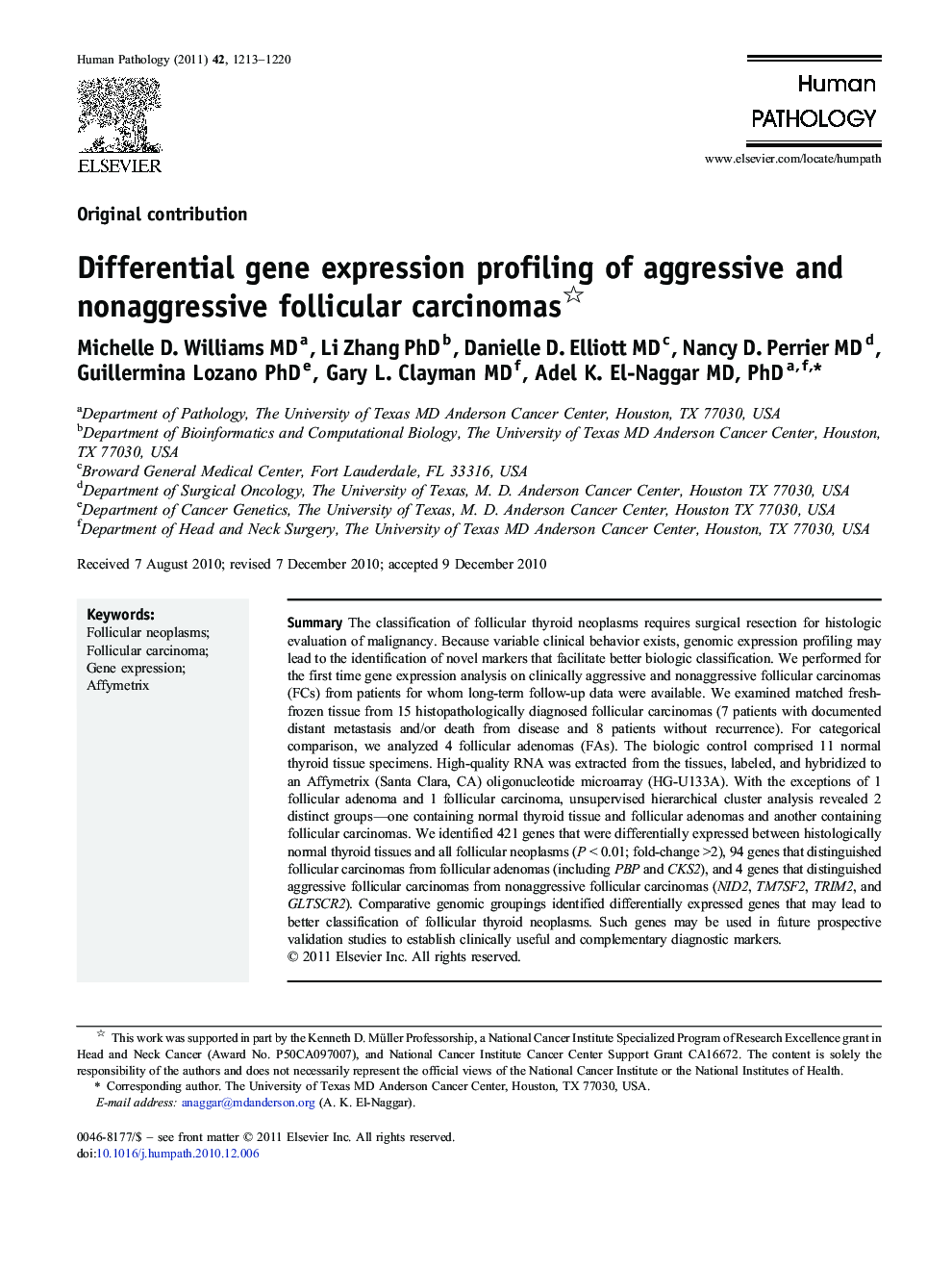 Differential gene expression profiling of aggressive and nonaggressive follicular carcinomas 