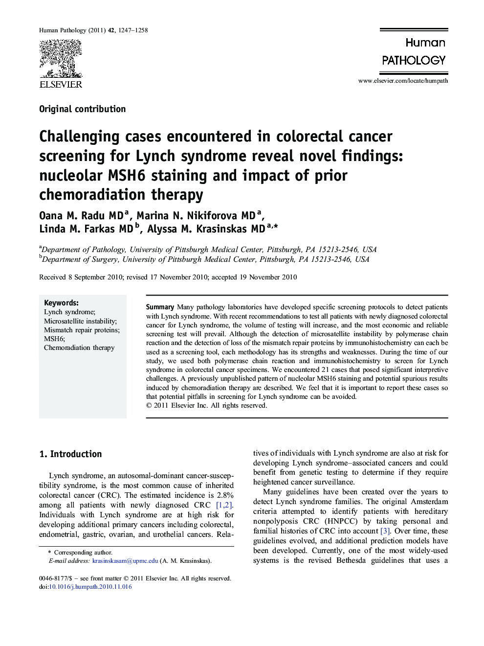 Challenging cases encountered in colorectal cancer screening for Lynch syndrome reveal novel findings: nucleolar MSH6 staining and impact of prior chemoradiation therapy