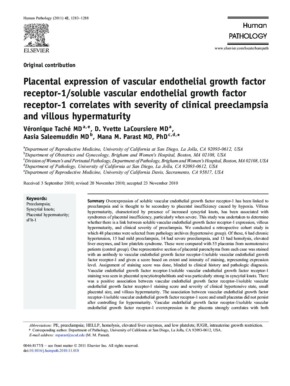 Placental expression of vascular endothelial growth factor receptor-1/soluble vascular endothelial growth factor receptor-1 correlates with severity of clinical preeclampsia and villous hypermaturity