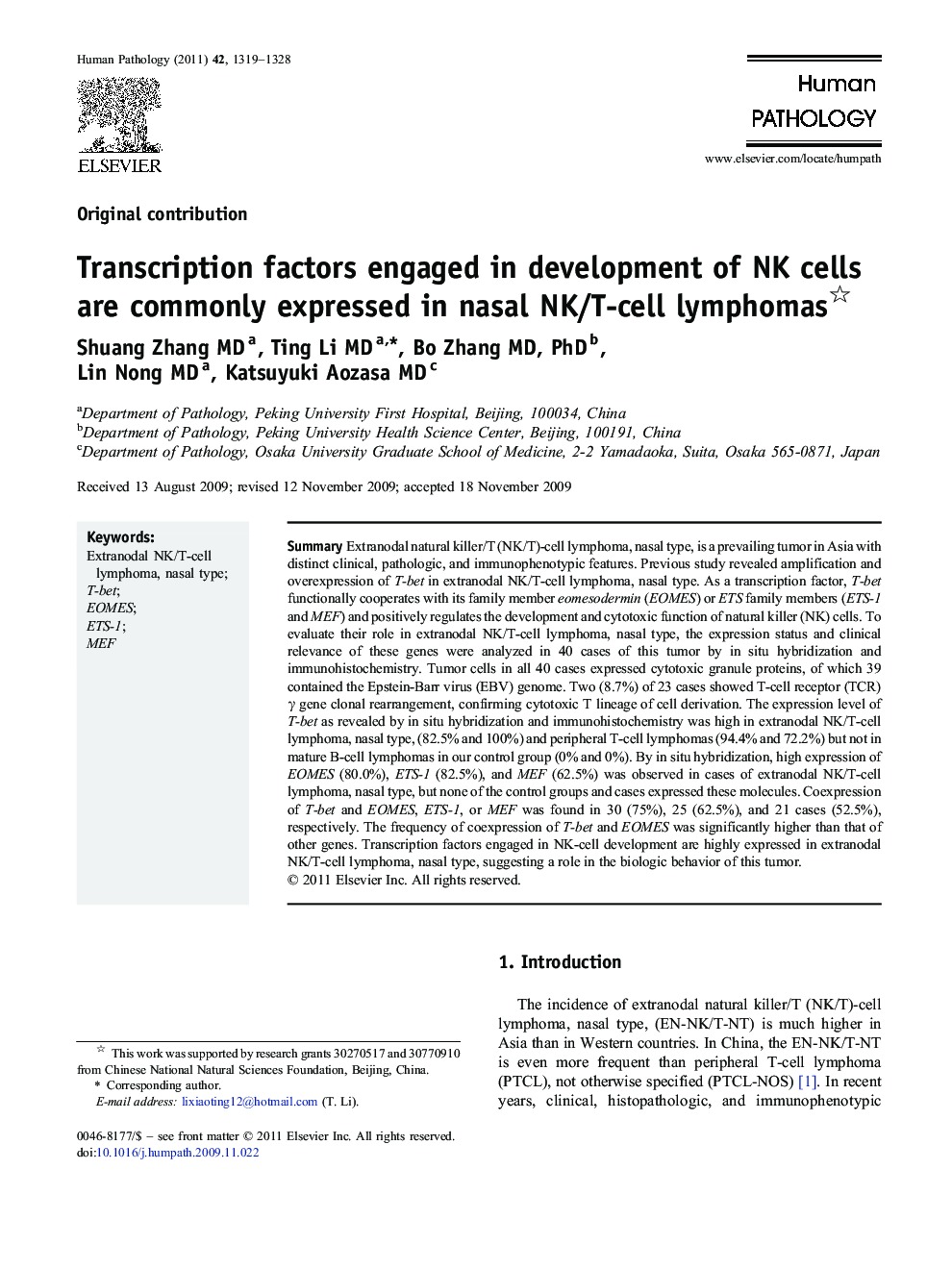 Transcription factors engaged in development of NK cells are commonly expressed in nasal NK/T-cell lymphomas 