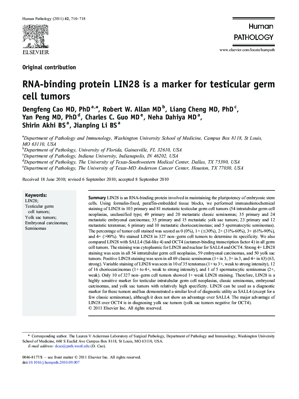 RNA-binding protein LIN28 is a marker for testicular germ cell tumors