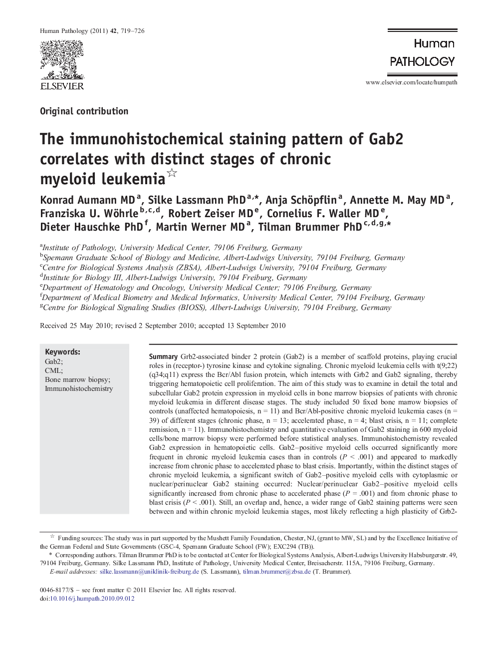 The immunohistochemical staining pattern of Gab2 correlates with distinct stages of chronic myeloid leukemia 