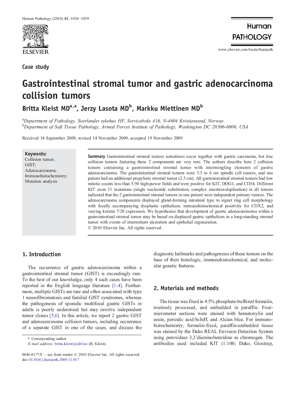 Gastrointestinal stromal tumor and gastric adenocarcinoma collision tumors