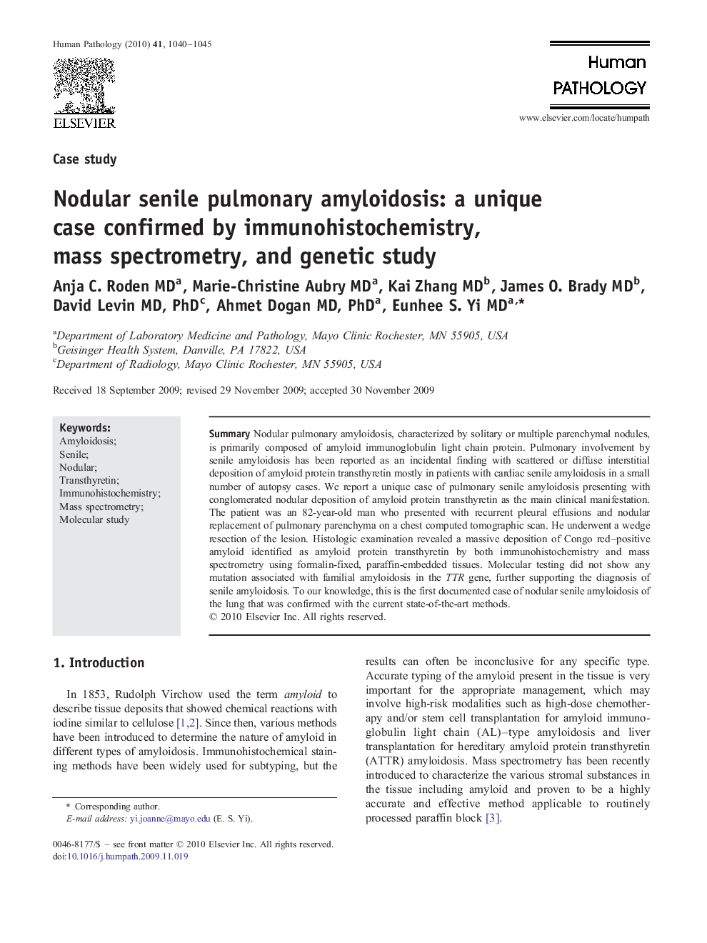 Nodular senile pulmonary amyloidosis: a unique case confirmed by immunohistochemistry, mass spectrometry, and genetic study