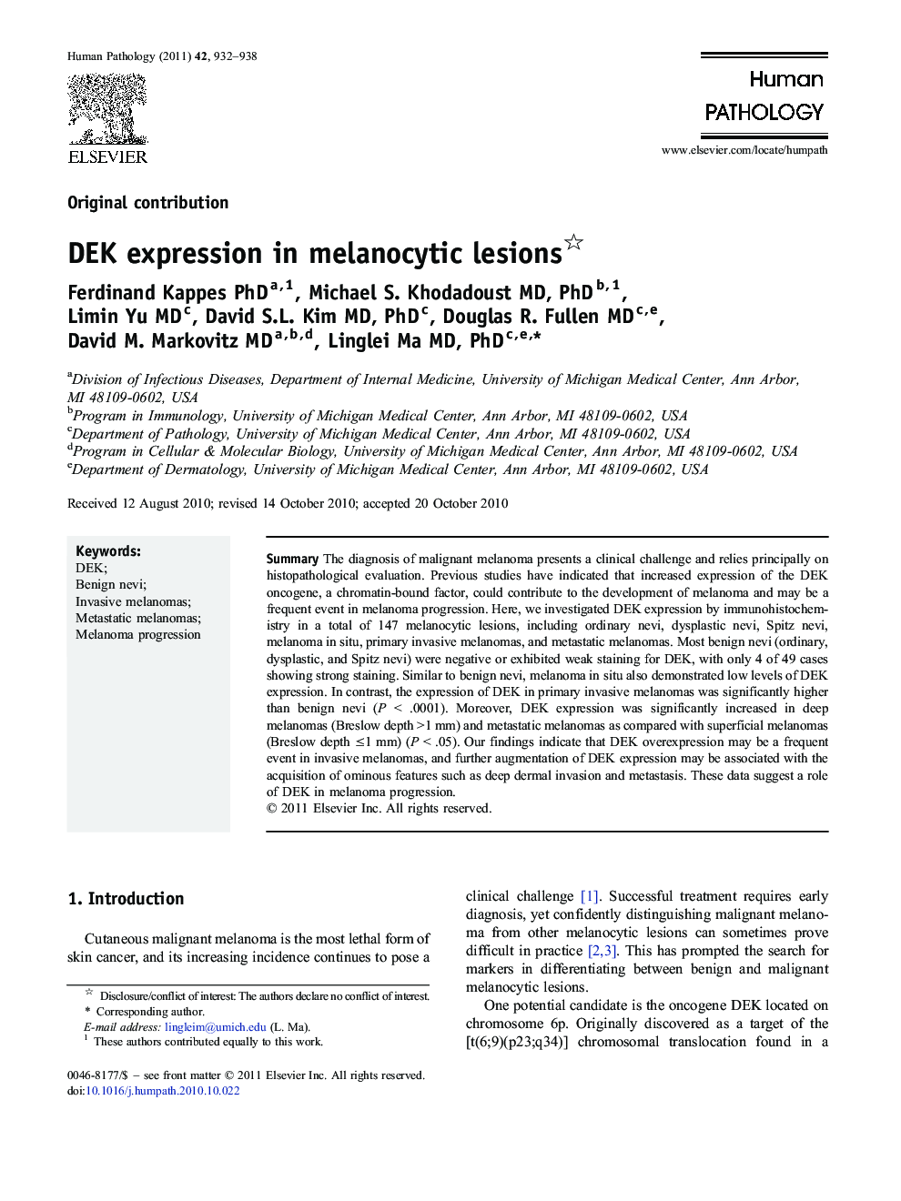DEK expression in melanocytic lesions 