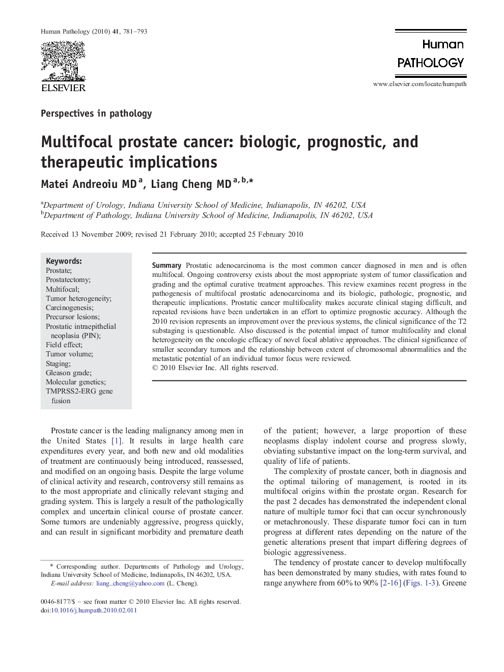 عکس صفحه اول مقاله: Multifocal prostate cancer: biologic, prognostic, and therapeutic implications Multifocal prostate cancer: biologic, prognostic, and therapeutic implications