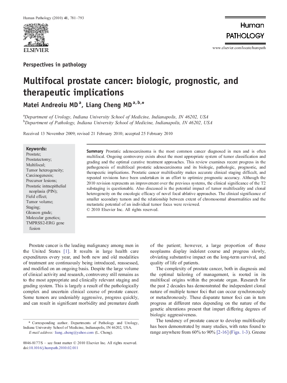 Multifocal prostate cancer: biologic, prognostic, and therapeutic implications