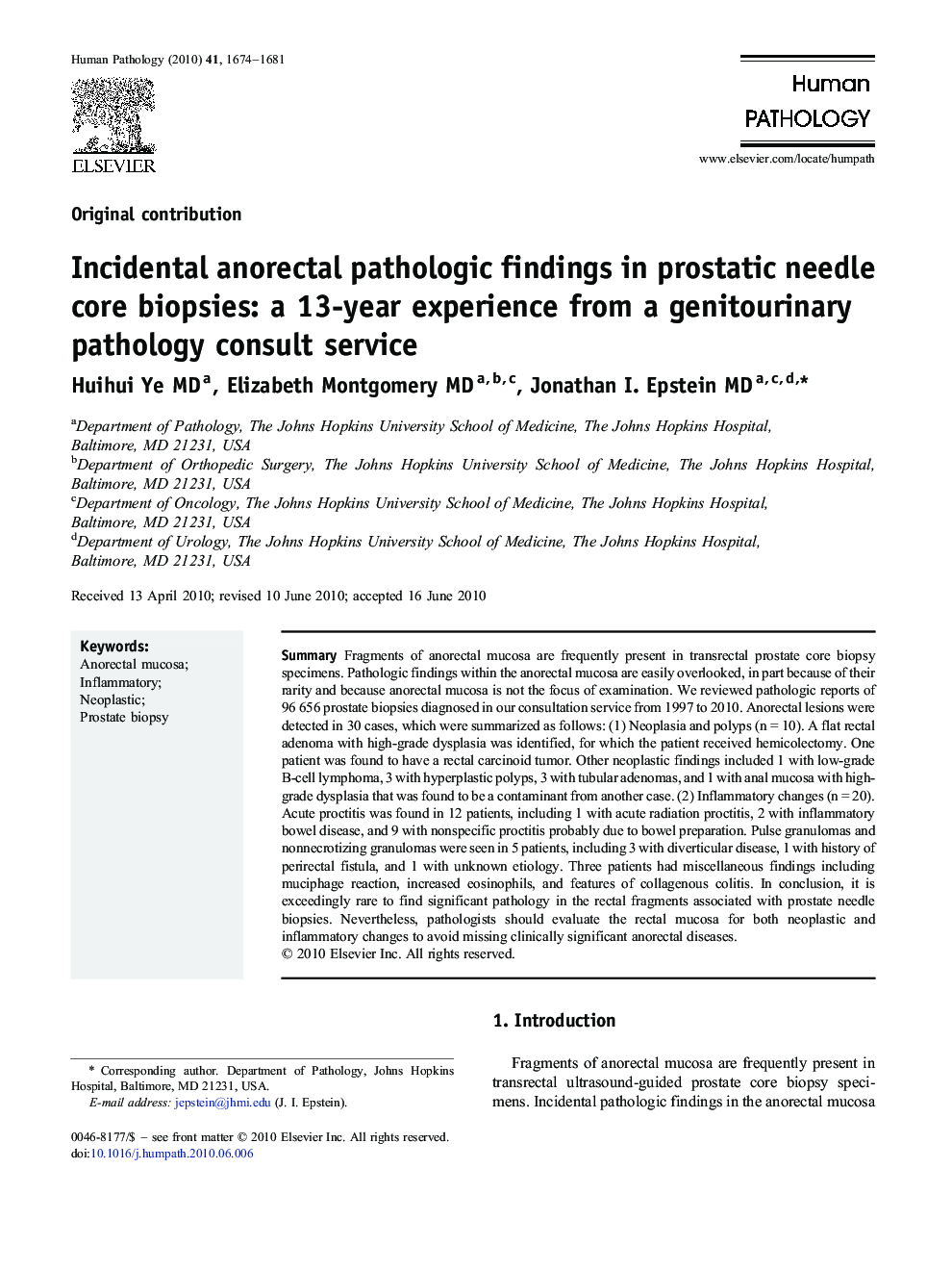 Incidental anorectal pathologic findings in prostatic needle core biopsies: a 13-year experience from a genitourinary pathology consult service