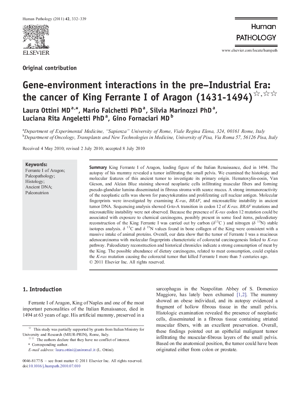 Gene-environment interactions in the pre–Industrial Era: the cancer of King Ferrante I of Aragon (1431-1494) 