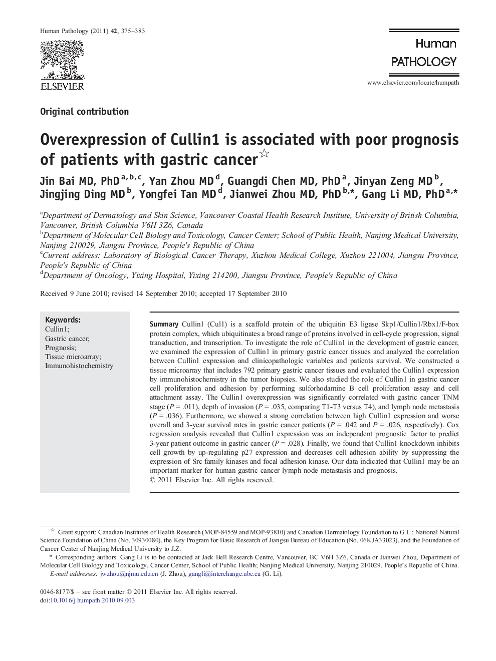 Overexpression of Cullin1 is associated with poor prognosis of patients with gastric cancer