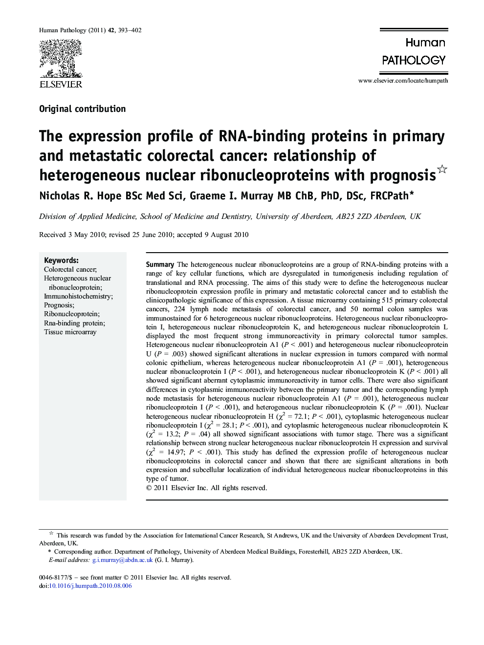 The expression profile of RNA-binding proteins in primary and metastatic colorectal cancer: relationship of heterogeneous nuclear ribonucleoproteins with prognosis 