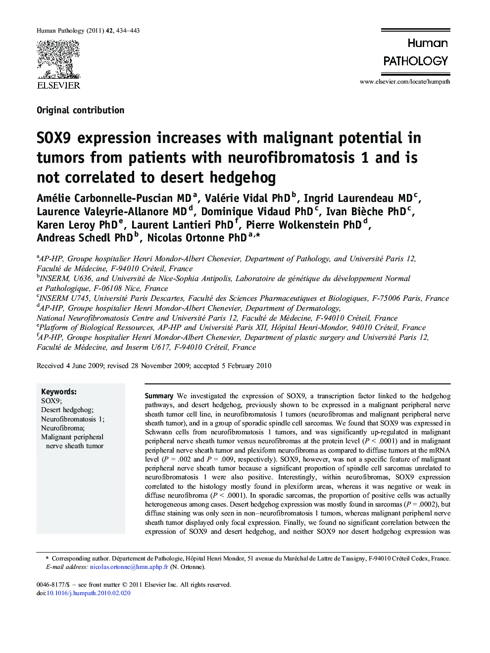 SOX9 expression increases with malignant potential in tumors from patients with neurofibromatosis 1 and is not correlated to desert hedgehog