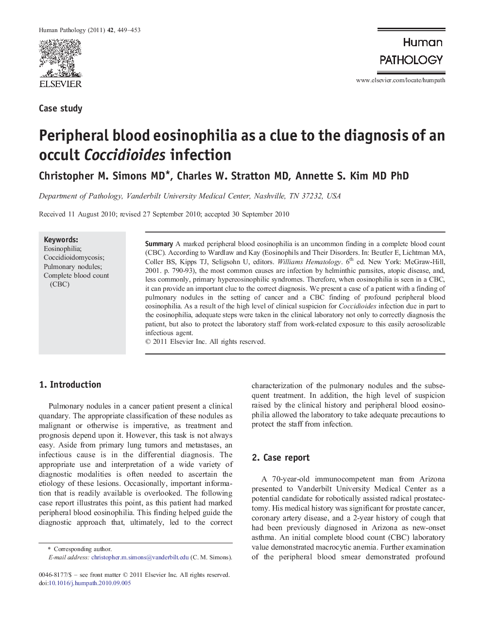 Peripheral blood eosinophilia as a clue to the diagnosis of an occult Coccidioides infection