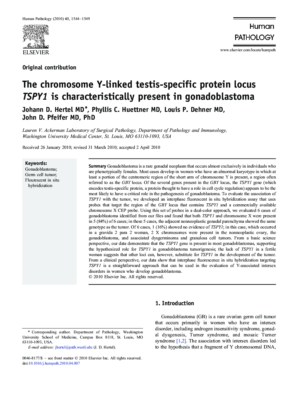 عکس صفحه اول مقاله: The chromosome Y-linked testis-specific protein locus TSPY1 is characteristically present in gonadoblastoma The chromosome Y-linked testis-specific protein locus TSPY1 is characteristically present in gonadoblastoma