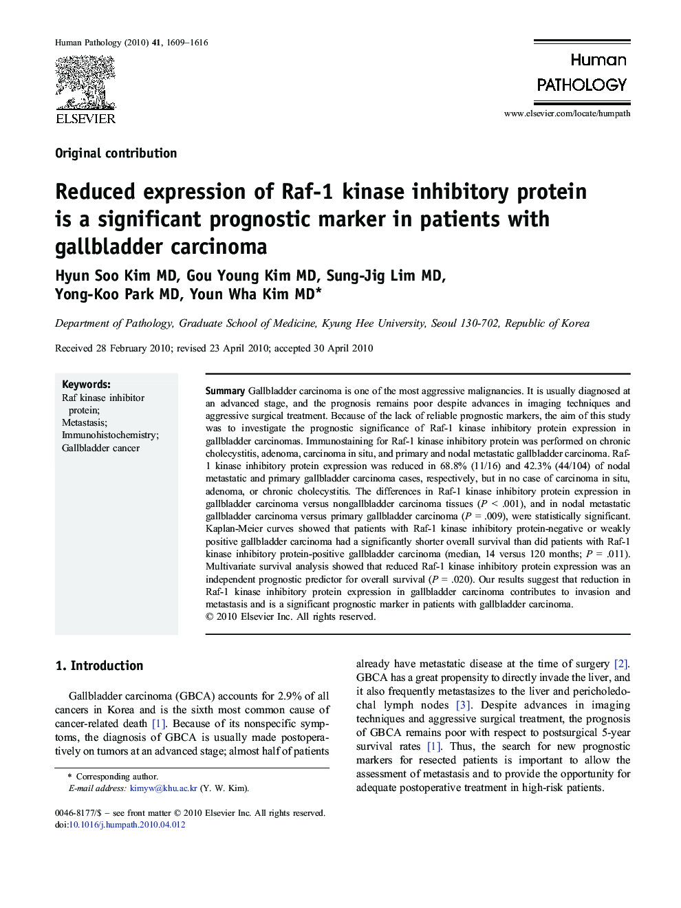 Reduced expression of Raf-1 kinase inhibitory protein is a significant prognostic marker in patients with gallbladder carcinoma