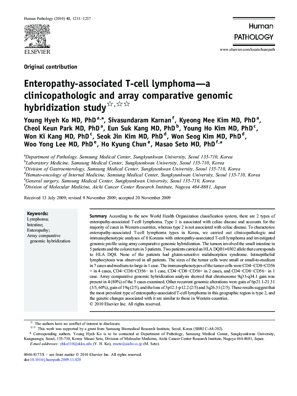 Enteropathy-associated T-cell lymphoma—a clinicopathologic and array comparative genomic hybridization study 