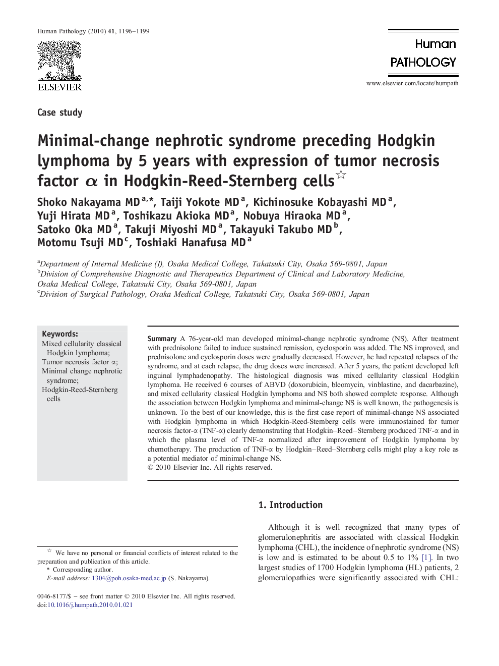 Minimal-change nephrotic syndrome preceding Hodgkin lymphoma by 5 years with expression of tumor necrosis factor α in Hodgkin-Reed-Sternberg cells 