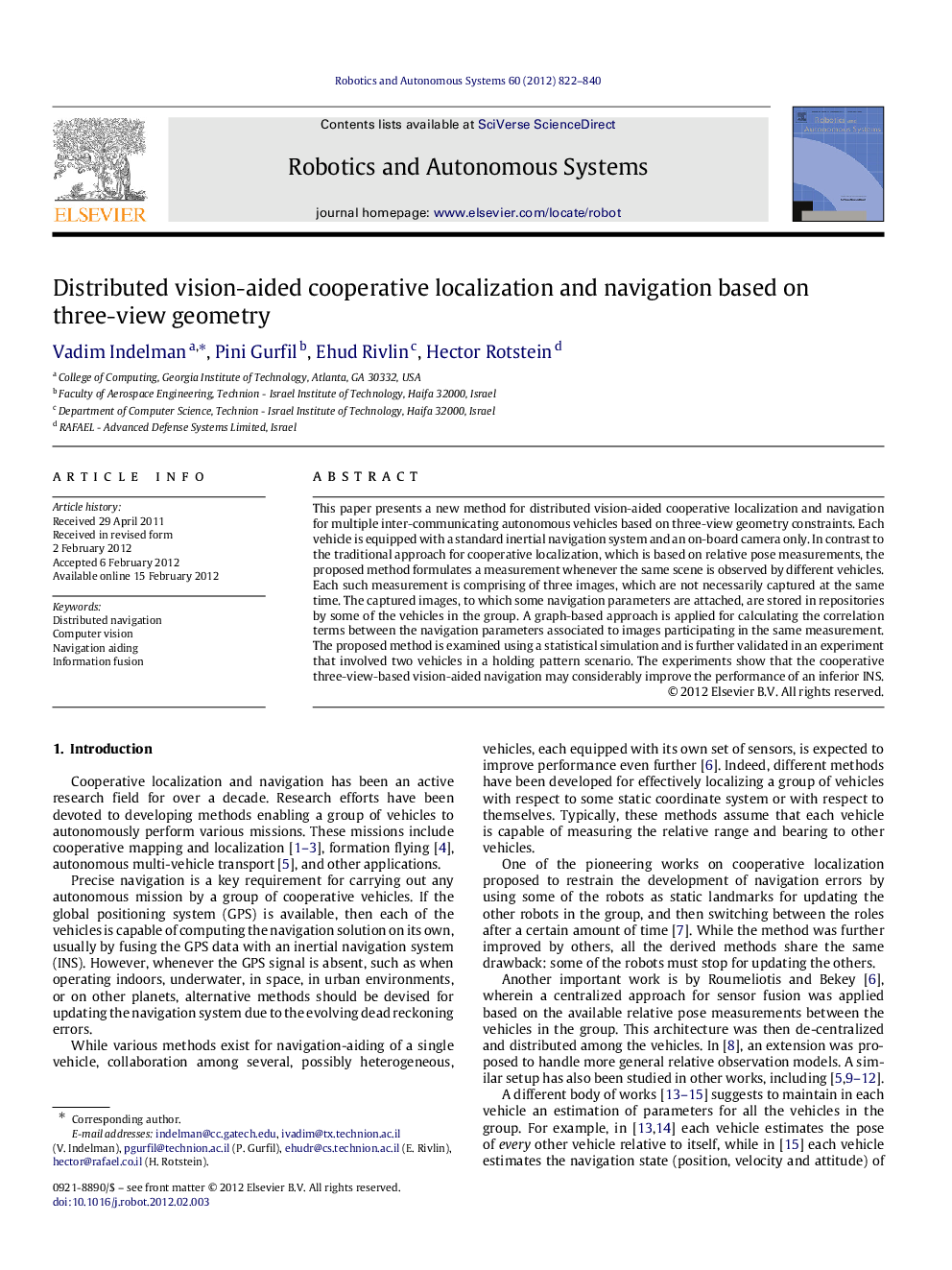 Distributed vision-aided cooperative localization and navigation based on three-view geometry