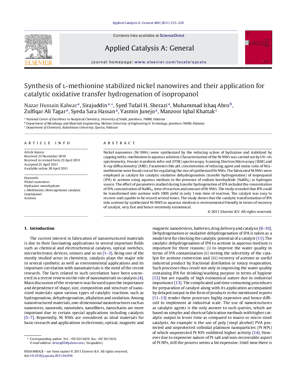 Synthesis of l-methionine stabilized nickel nanowires and their application for catalytic oxidative transfer hydrogenation of isopropanol