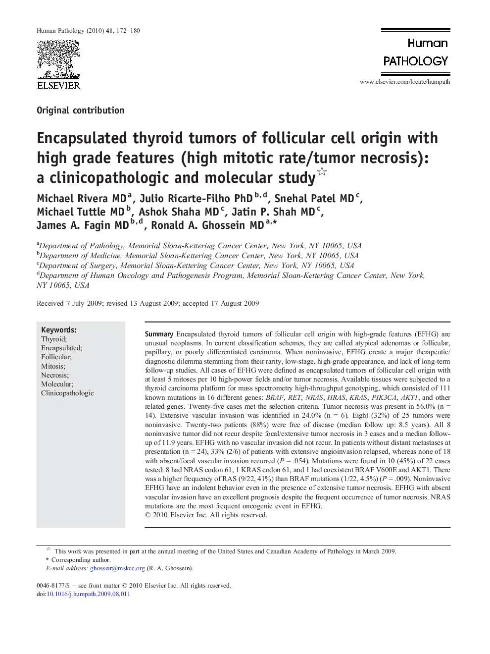 Encapsulated thyroid tumors of follicular cell origin with high grade features (high mitotic rate/tumor necrosis): a clinicopathologic and molecular study 