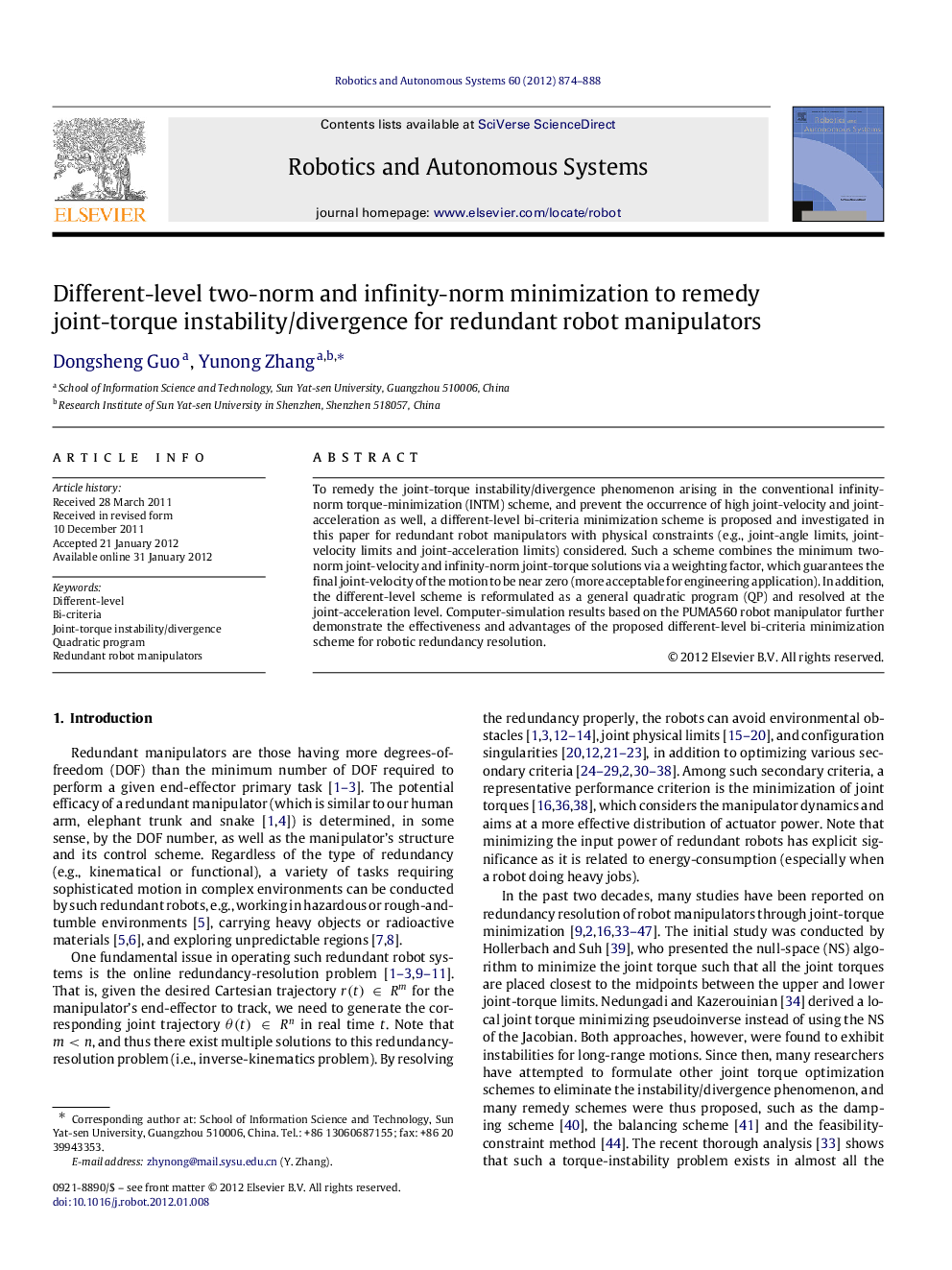 عکس صفحه اول مقاله: Different-level two-norm and infinity-norm minimization to remedy joint-torque instability/divergence for redundant robot manipulators Different-level two-norm and infinity-norm minimization to remedy joint-torque instability/divergence for redundant robot manipulators