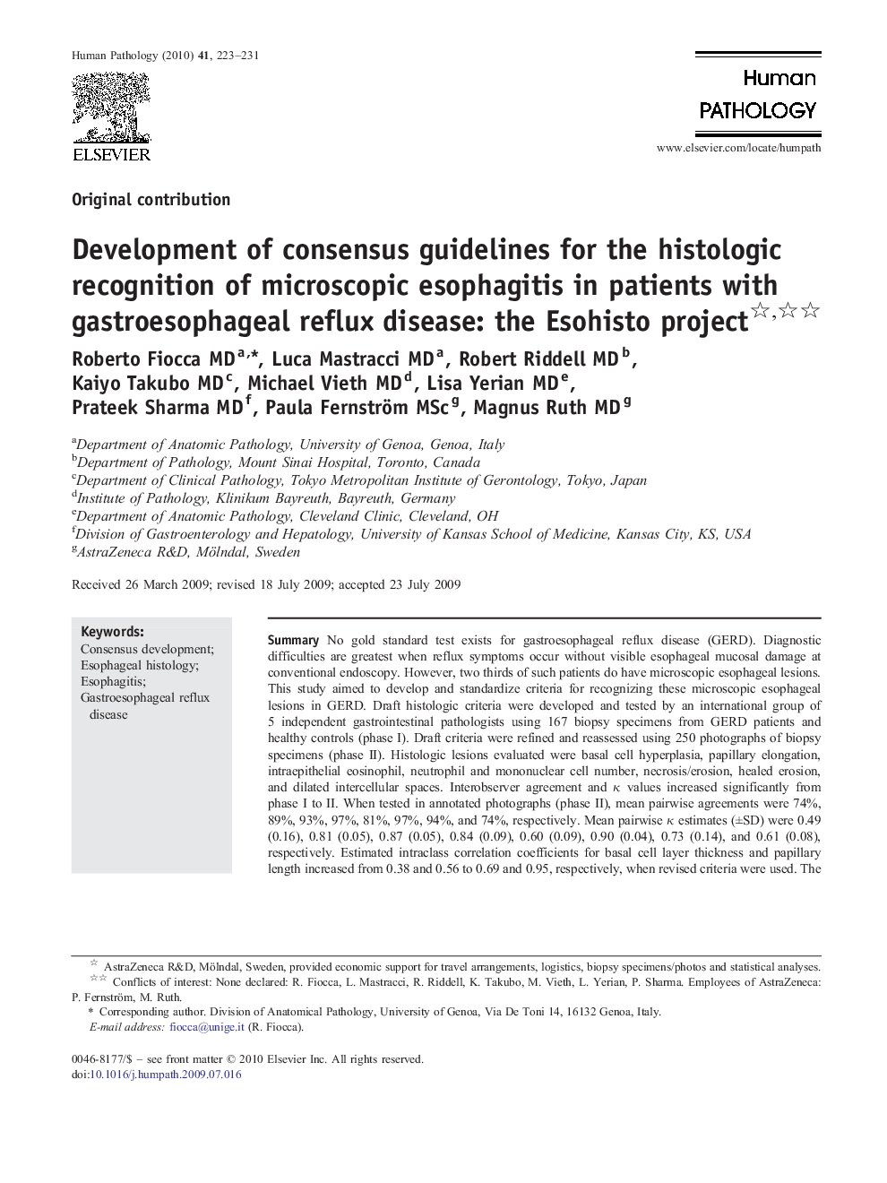 Development of consensus guidelines for the histologic recognition of microscopic esophagitis in patients with gastroesophageal reflux disease: the Esohisto project 