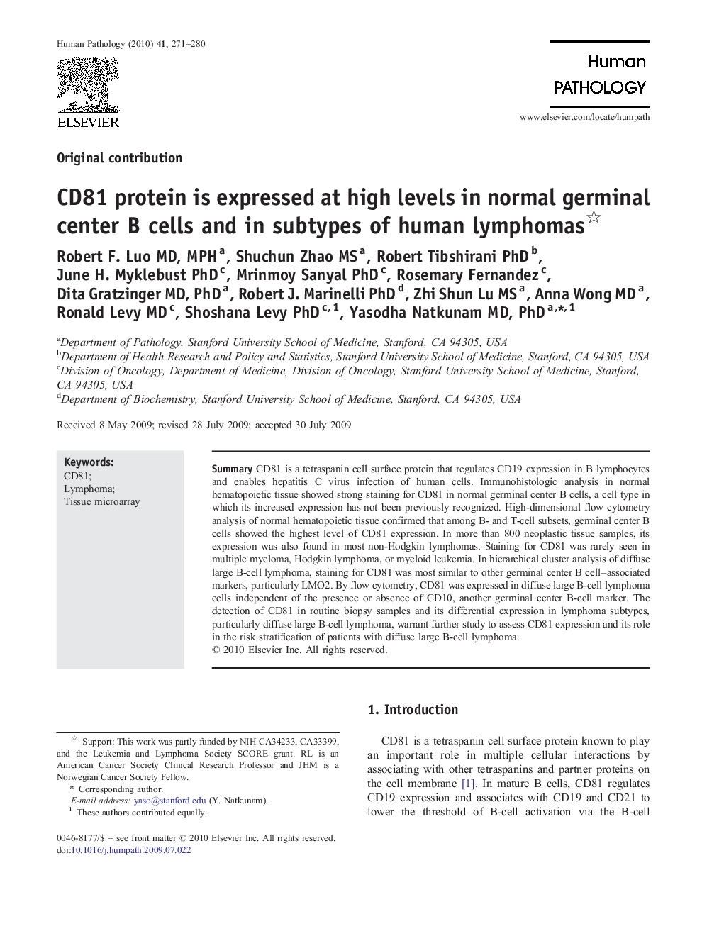 CD81 protein is expressed at high levels in normal germinal center B cells and in subtypes of human lymphomas 