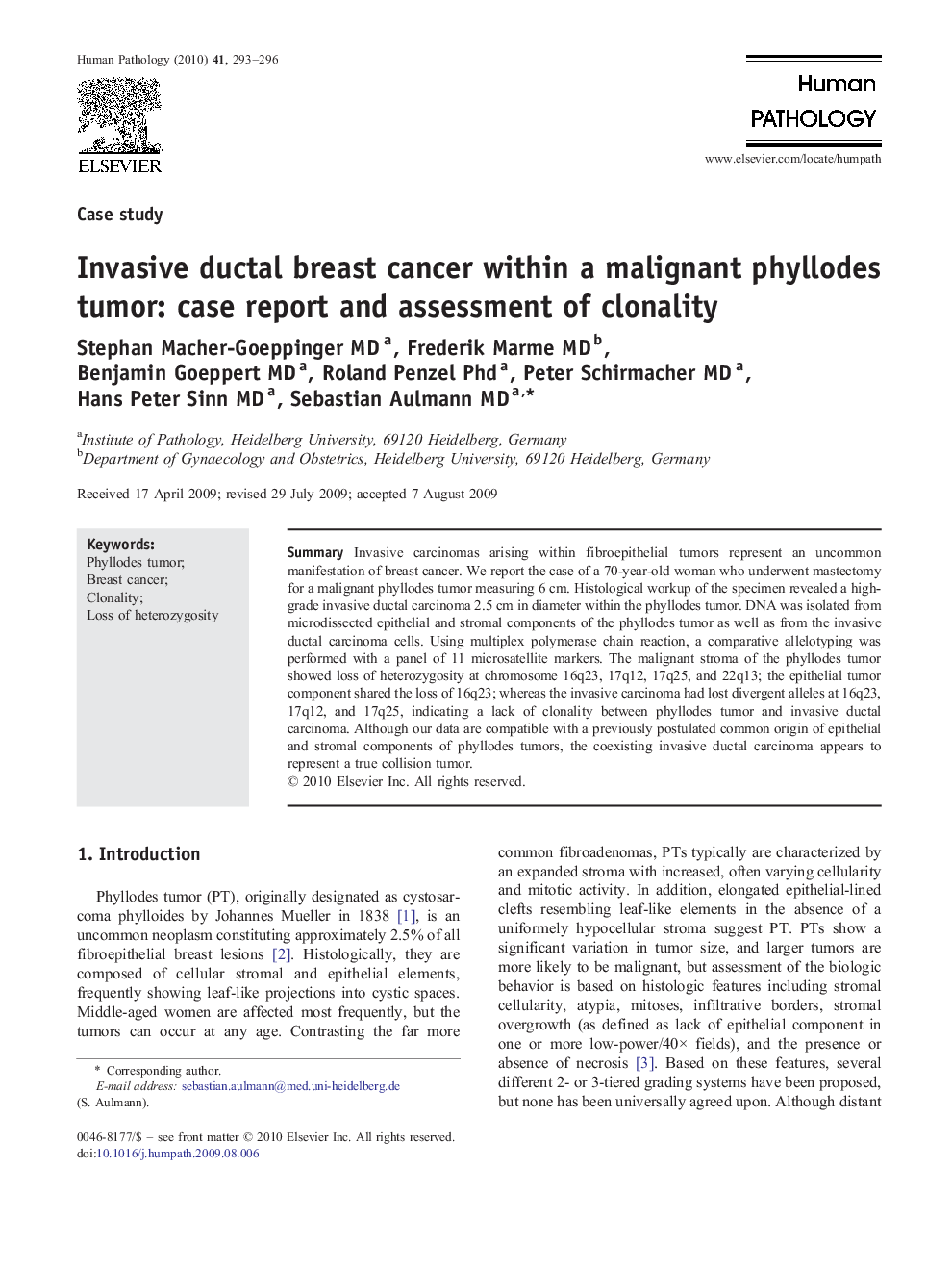 Invasive ductal breast cancer within a malignant phyllodes tumor: case report and assessment of clonality