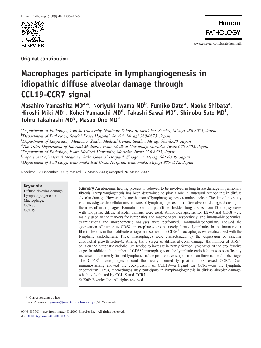 Macrophages participate in lymphangiogenesis in idiopathic diffuse alveolar damage through CCL19-CCR7 signal