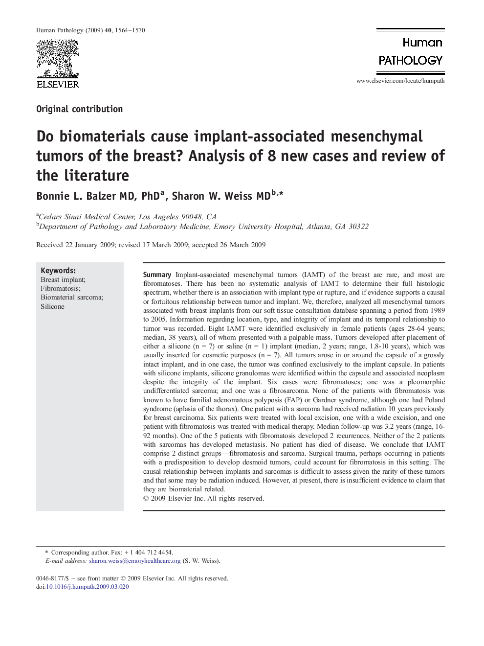 Do biomaterials cause implant-associated mesenchymal tumors of the breast? Analysis of 8 new cases and review of the literature