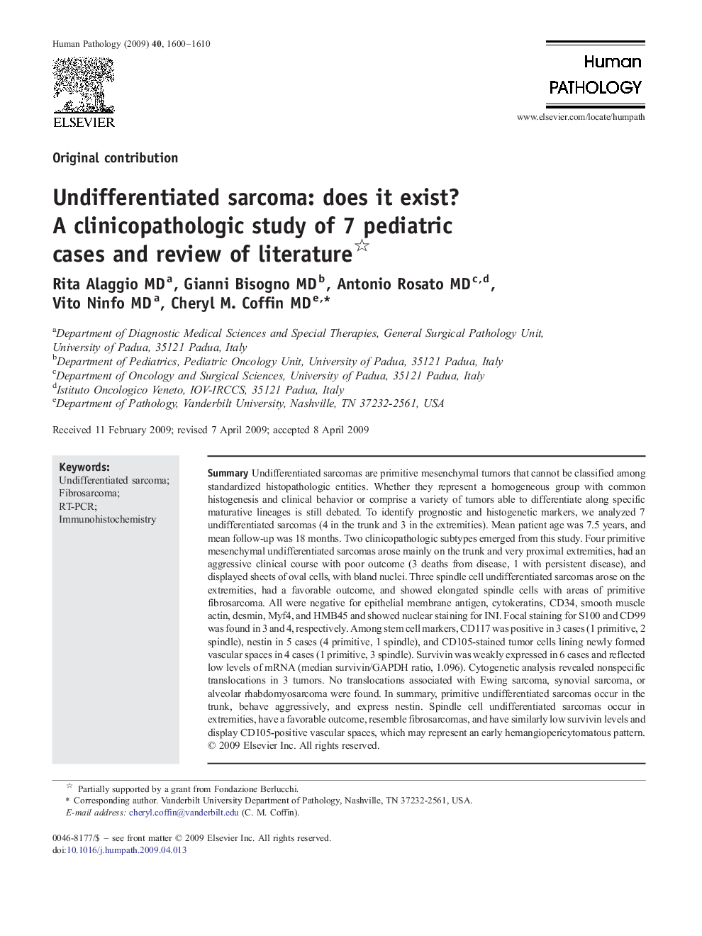 عکس صفحه اول مقاله: Undifferentiated sarcoma: does it exist? A clinicopathologic study of 7 pediatric cases and review of literature Undifferentiated sarcoma: does it exist? A clinicopathologic study of 7 pediatric cases and review of literature