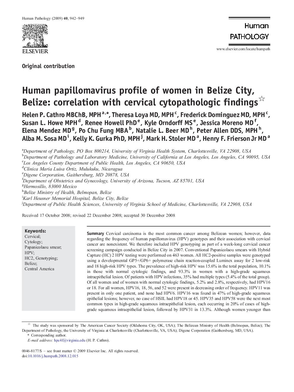 Human papillomavirus profile of women in Belize City, Belize: correlation with cervical cytopathologic findings 