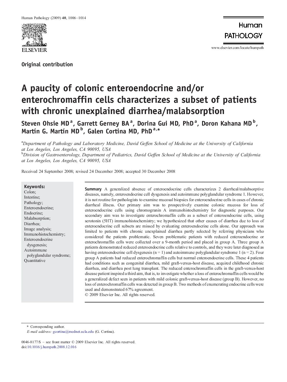 A paucity of colonic enteroendocrine and/or enterochromaffin cells characterizes a subset of patients with chronic unexplained diarrhea/malabsorption